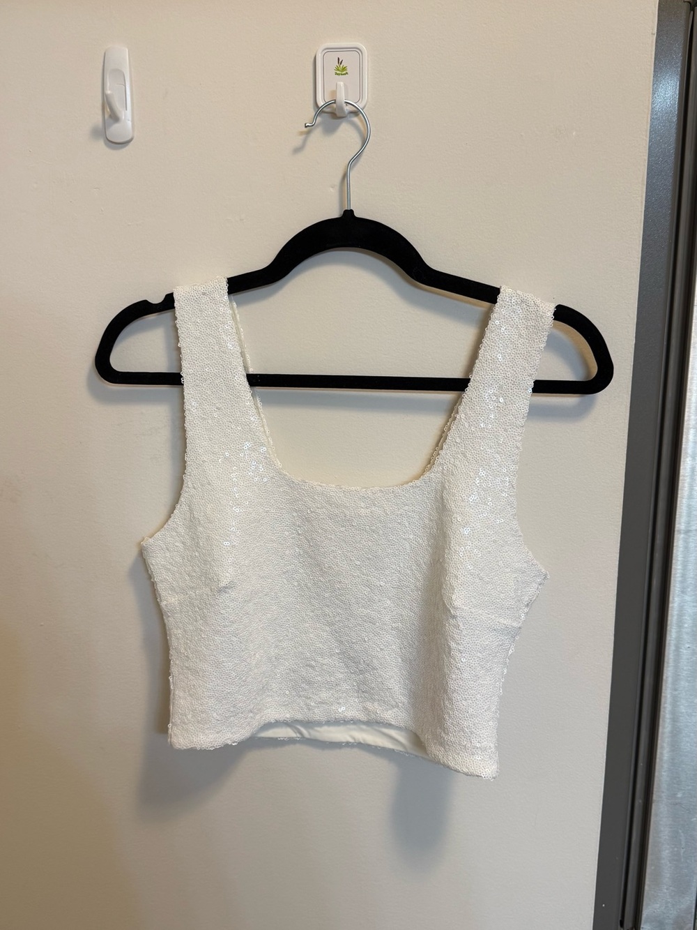 White Sequin Square-Neck Crop Tank